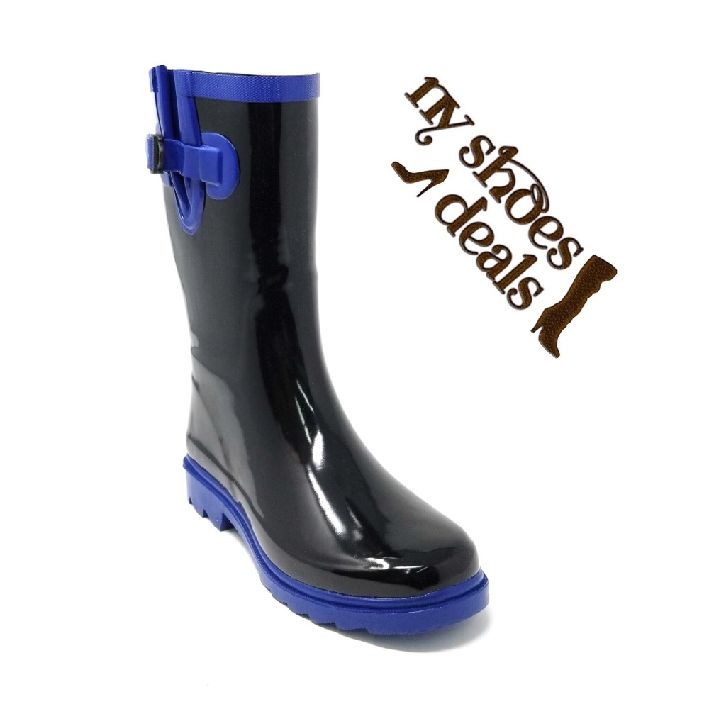 Women's Rubber Rain Boots Black / Blue 11" Wellies - Picture 1 of 3